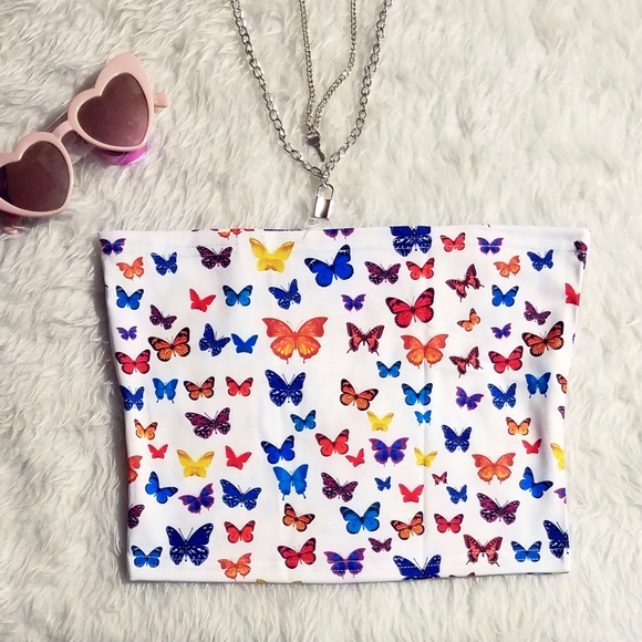 Butterfly Print Tube Top Crop Y2K 90s Insp - Picture 5 of 12